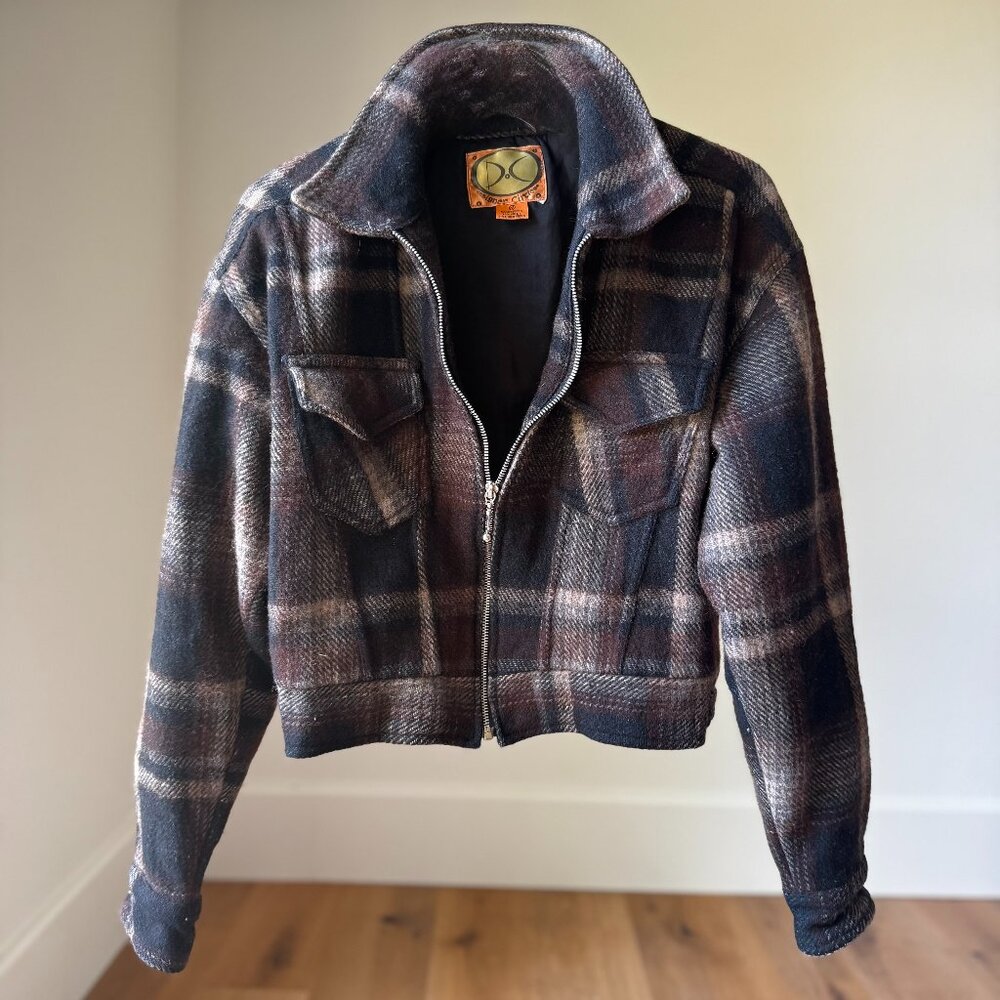 Women's Vintage 70s–80s Wool Plaid Bomber • Size Medium • Brown‑Black‑Tan Plaid